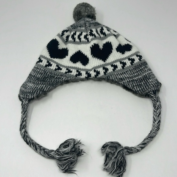 Knit Beanie Hat with Ear Flaps. Top Pom Pom. Hearts. Faux Fur. - Picture 1 of 13